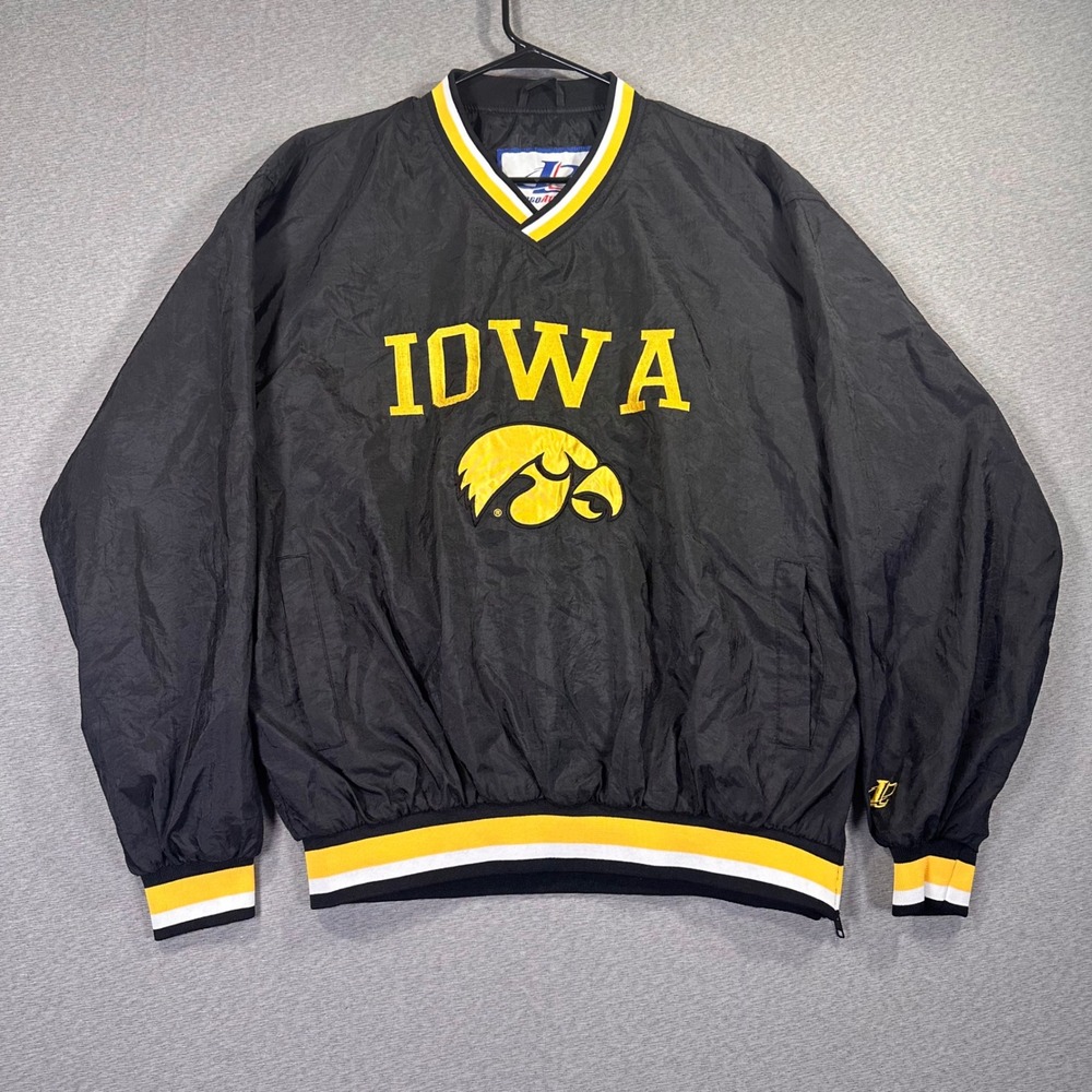 Logo Athletic Iowa Hawkeyes Pullover Men M Black Yellow V-Neck Windbreaker VTG